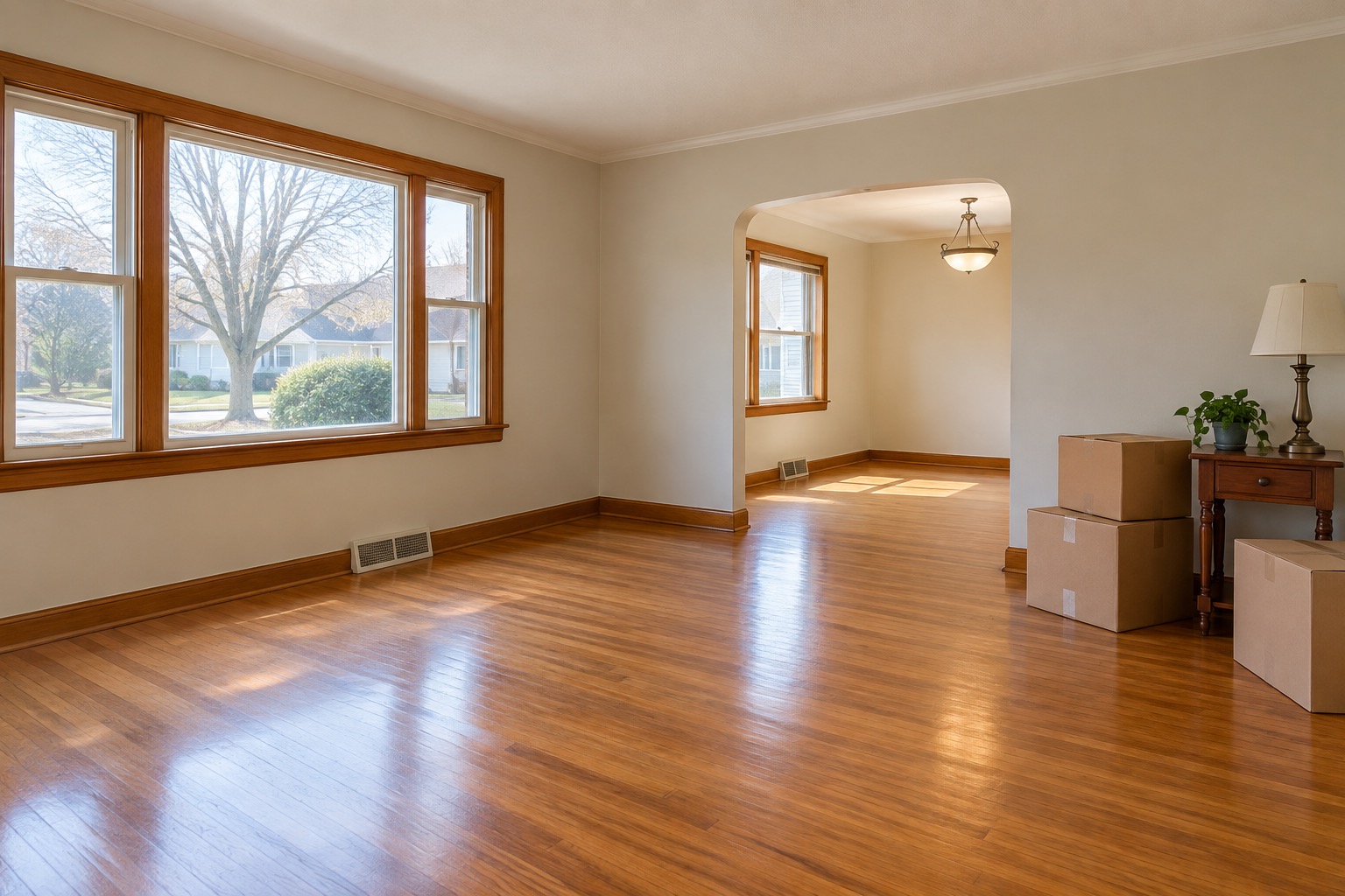 Illustrative older home's living room with hardwood floors and packed boxes